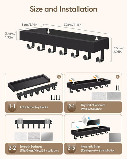 Key Holder Wall Mount Adhesive Magnetic - Hanging Key Hooks with Mail Organizer Tray for Wallet House - Keys Hanger Rack with Shelf for Camper Entryway Door Home Living Room Decor Large Black