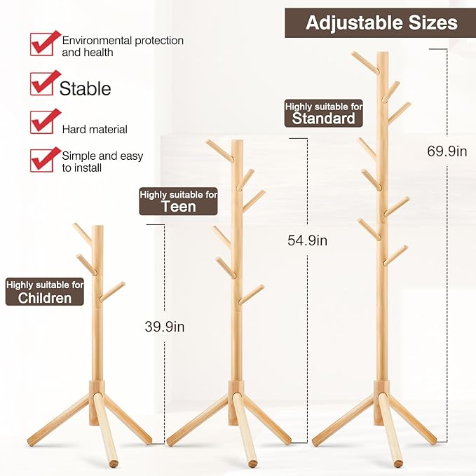 WANGMUXIA 2 PCS Coat Rack, Freestanding Coat Rack with 8 Hooks and 3 Adjustable Size Tree Coat Racks for Bedroom, Hallway, Entrance, Office, for Hats, Coats, Scarves, Handbags