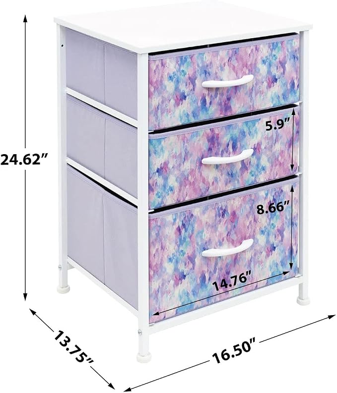 Sorbus Nightstand Storage Organizer with 3 Drawers - Kids Girls, Boys Bedroom Furniture Storage Chest for Clothes, Closet Organization - Steel Frame, Wood Top, Tie-dye Fabric Bin (Blue/Pink/Purple)