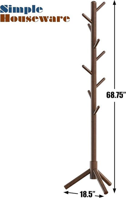 Simple Houseware Wooden Coat Rack Stand Garment Adjustable Tree Rack, 9 Hooks, Walnut