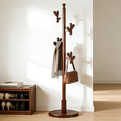 Wooden Coat Rack Freestanding, Creative Antler Hooks, Rubberwood Coat Rack Stand with Stable Round Base, Heavy Duty Coat Hanger Hall Tree for Entryway,Bedroom,Apartment/Jacket, Hat, Bag