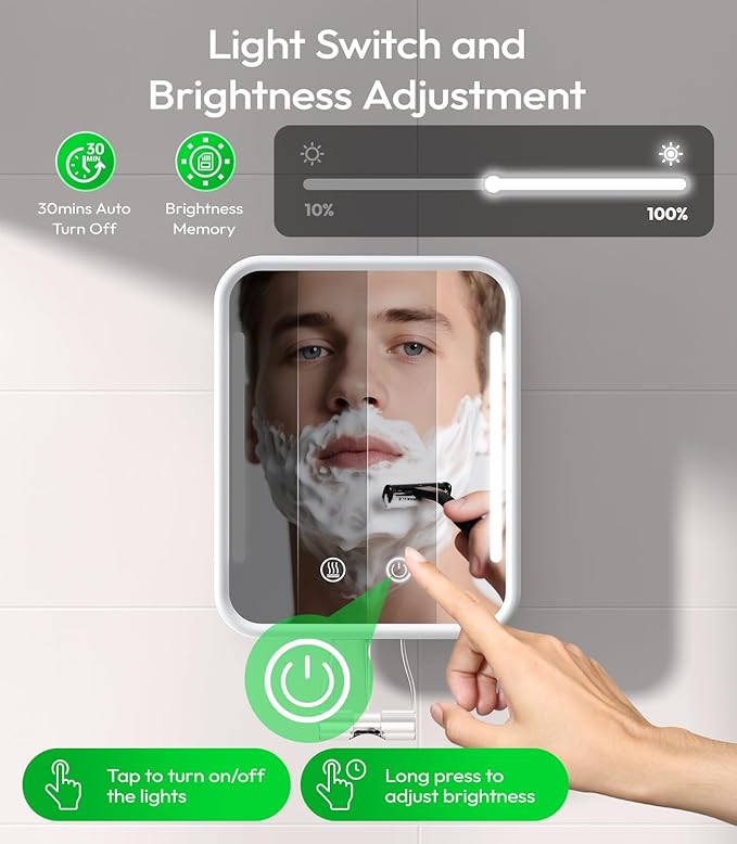 Lighted Shower Mirror Fogless for Shaving with Light, 5000mAh Heated Fogless Mirror for Shower, Detachable Razor Holder and Suction Cup for Wall, NO-Drilling, Waterproof for Bathroom (White)