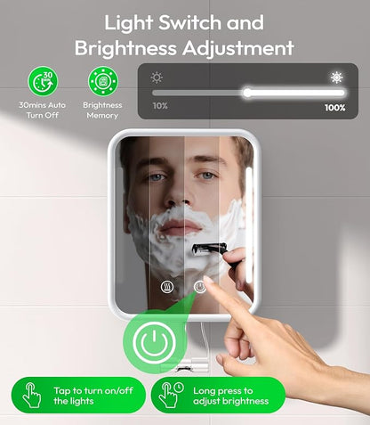 Lighted Shower Mirror Fogless for Shaving with Light, 5000mAh Heated Fogless Mirror for Shower, Detachable Razor Holder and Suction Cup for Wall, NO-Drilling, Waterproof for Bathroom (White)