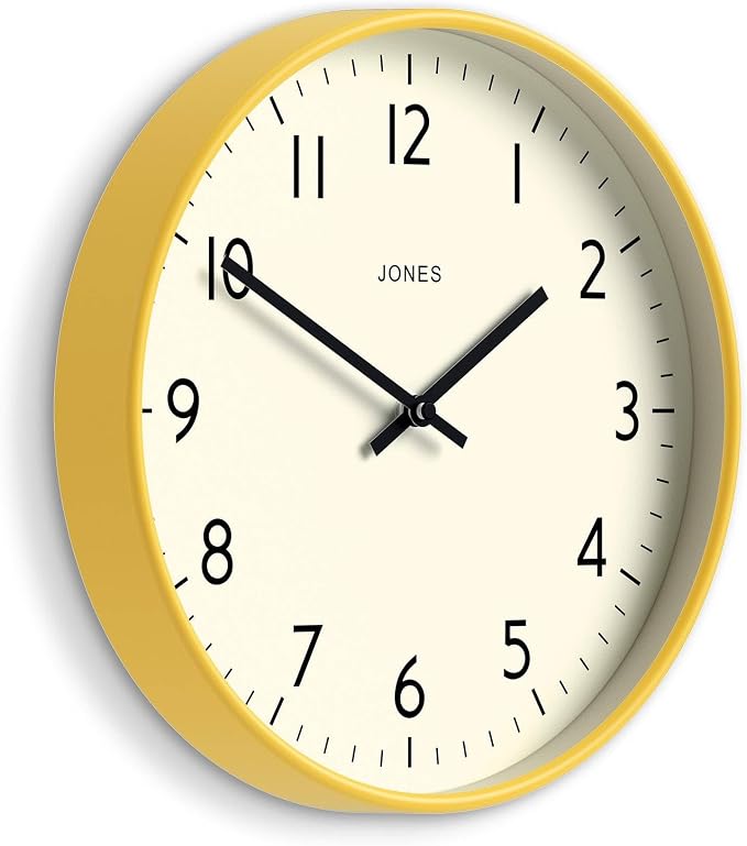 JONES CLOCKS® Studio wall Clock | Modern Round Style | 12 inch | Yellow | Easy to Read Numbers | Versatile Design for Kitchen, Living Room or Office