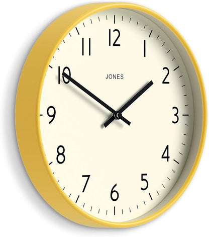 JONES CLOCKS® Studio wall Clock | Modern Round Style | 12 inch | Yellow | Easy to Read Numbers | Versatile Design for Kitchen, Living Room or Office