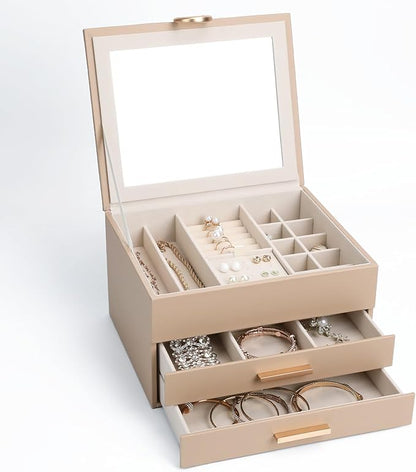 Leather Jewelry Box Premium 3-Layer Jewelry Case with Mirror - Scratch-Resistant Storage for Earrings, Rings, Necklaces, Ideal Gift for Women Apricot