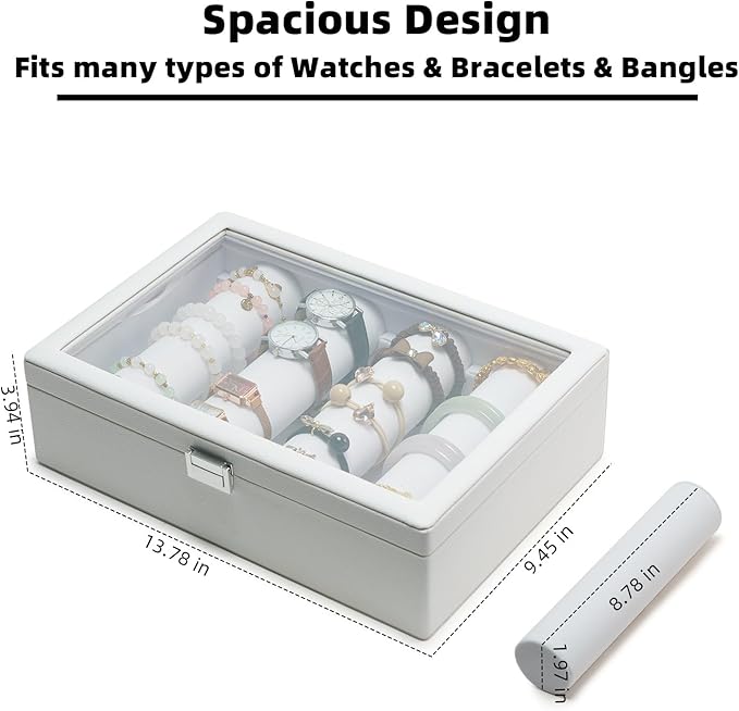 Bracelets Organizer Rods Bangles Display Holder, Clear See through Lid Leather Velvet Jewelry Storage Box Case for Women, 4 Rods White Leather