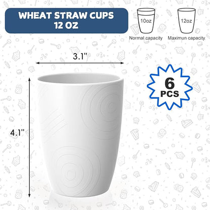 Wheat Straw Unbreakable Drinking Cups, 12 OZ Tumbler Set of 6, Lightweight Reusable Cups, Reusable Cups Alternative to Plastic, Dishwasher Safe Tumbler for Kitchen, Camping, RV, White