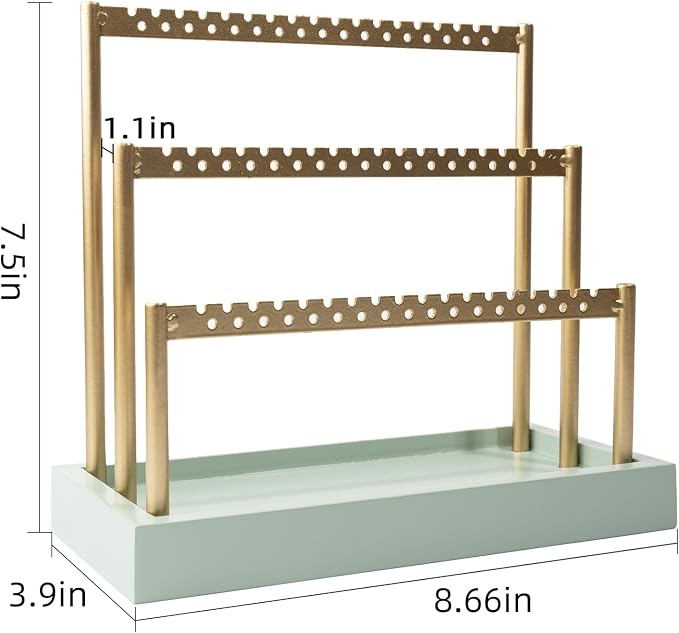 SANY DAYO HOME 3-Tier Earring Holder Organizer Stand, 105 Holes Gold Metal Earring Rack Jewelry Display Tree with Sage Green Wood Tray for Women and Girls