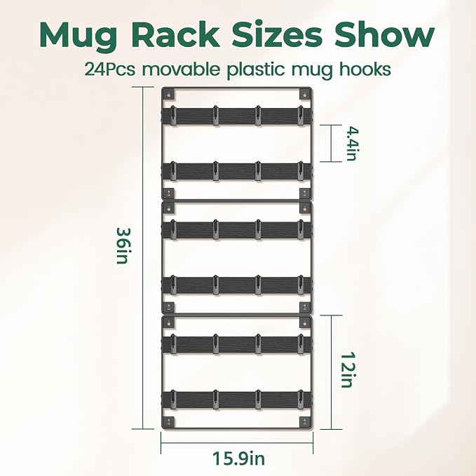 EsLuker.ly Mug Holder Hanger Rack Wall Mounted Wooden 3 Pack Coffee Cup Storage Organizer Display Shelf with 24 Movable Plastic Hooks, Ideal for Mug Collectors, Black