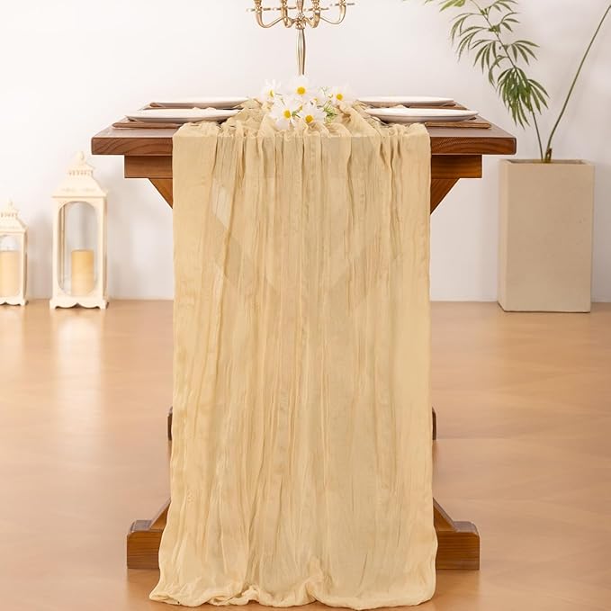 Socomi 3pcs Gold Champagne Cheesecloth Table Runner Valentine's Day Boho Rustic Gauze 120 inch 10FT Cheese Cloth Runner for Wedding Party Baby Shower Birthday Home Decor Holiday Decorations