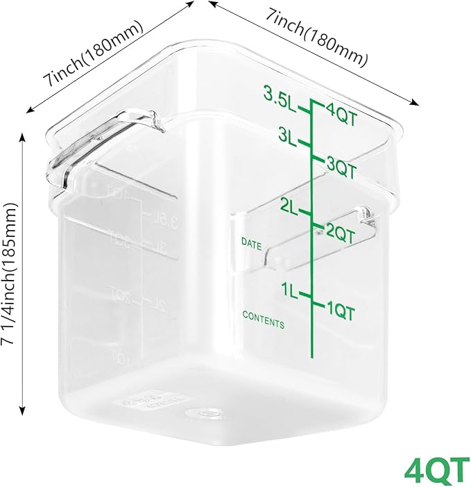 4 Pack Food Storage Containers with Green Lids, 4.0 Qt - Square, Clear, Polycarbonate, for Restaurant Commercial Kitchen and Home party