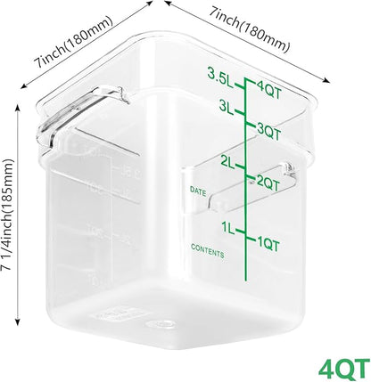 4 Pack Food Storage Containers with Green Lids, 4.0 Qt - Square, Clear, Polycarbonate, for Restaurant Commercial Kitchen and Home party