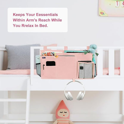 Surblue Bedside Caddy Hanging Bed Organizer Storage Bag Pocket for Bunk and Hospital Beds, College Dorm Rooms Baby Bed Rails, Camp 8 Pockets, (Large, Light Pink)