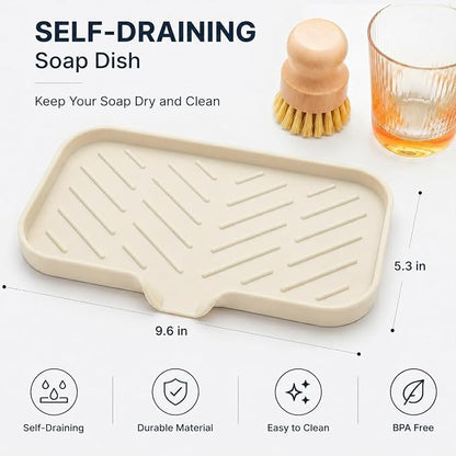 MicoYang Silicone Soap Dish with Drain Spout — Self-Draining Sink Organizer Tray for Bathroom & Kitchen, Sponges, Dispensers & Soap Holder, Non-Slip & Dishwasher Safe, Tapioca (Medium, 9.6"×5.3")