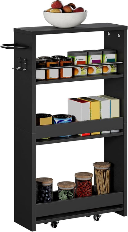 ChooChoo 4-Tier Slim Storage Cart with Handle, 5.51" W Rolling Utility Cart on Universal Wheels, Kitchen Cart Mobile Shelving Organization for Laundry Room, Bathroom & Narrow Places, Black