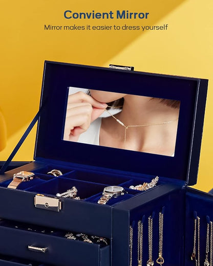 Homde Mothers Day Gifts Synthetic Leather Huge Jewelry Box Mirrored Watch Organizer Necklace Ring Earring Storage Lockable Gift Case (Dark Blue + Gold)