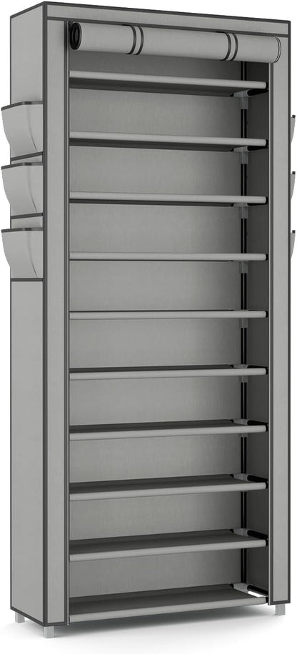 VTRIN Vertical Narrow Shoe Rack Organizer Tall Shoe Rack for Closet Entryway 10 Tier Non-Woven Cover Shoe Shelf Holds 36-41 Pairs Free Standing Shoe Storage Cabinet with Dustproof Cover, Grey