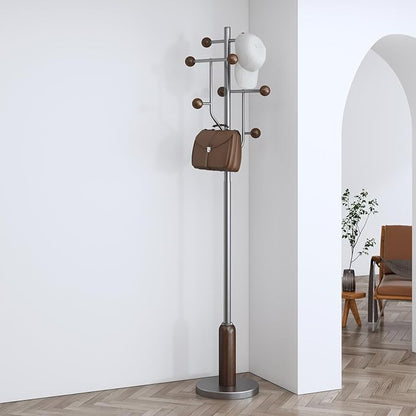 Coat Rack Freestanding with Stainless Steel Marble Base, 8 Wood Ball-shaped Hooks, Heavy-Duty Standing Rack Clother Hanger Rack Metal Coat Tree for Bedroom Entryway, Hat, Bags, Long Dresses