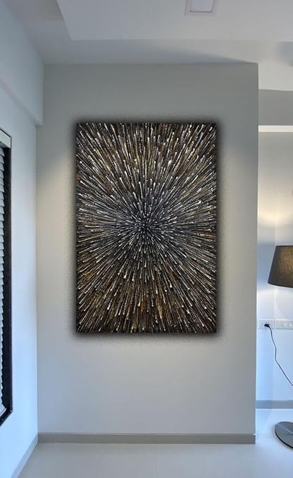 moshinart 24 x 36in Hand-Painted Oil Painting 3D Texture Sense of Space Gold Firework Modern Minimalist Colorful Abstract Wall Art, Home Office Wall Decoration Gold