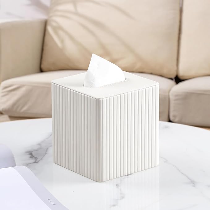MEIBOOCH PU Leather Tissue Box Cover Square Tissue Box Holder with Magnetic Closure (Ivory Stripe)