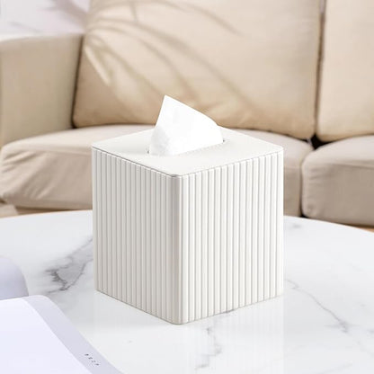 MEIBOOCH PU Leather Tissue Box Cover Square Tissue Box Holder with Magnetic Closure (Ivory Stripe)