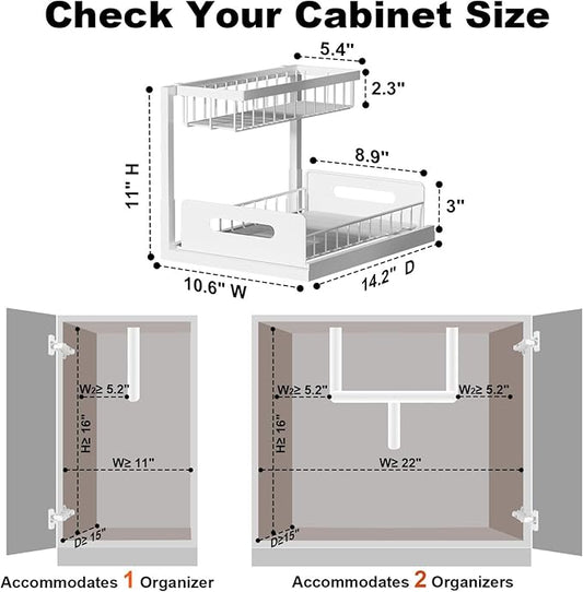 REALINN Under Sink Organizer, Pull Out Cabinet Organizer, 2 Tier Metal Slide Out Shelf with L Shaped Design for Kitchen, Bathroom, Laundry, and Utility Cabinet Storage for Deep Cabinets, White, 2 Pack