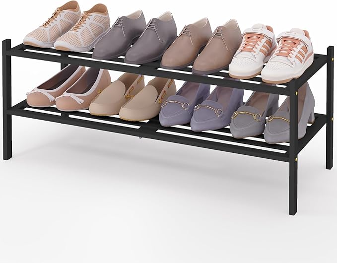 Smiry Long Bamboo Shoe Rack 2-Tier, Stackable Wooden Shoe Organizer for Entryway & Closet, Free Standing Wood Shoe Storage Shelf for Front Door & Small Spaces, Black