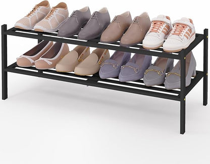 Smiry Long Bamboo Shoe Rack 2-Tier, Stackable Wooden Shoe Organizer for Entryway & Closet, Free Standing Wood Shoe Storage Shelf for Front Door & Small Spaces, Black