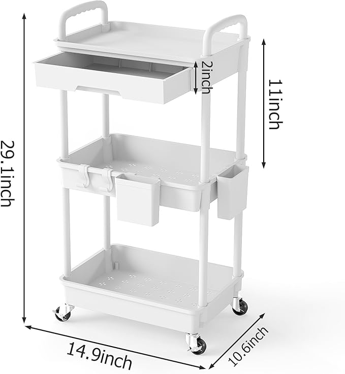 LLMRR 3 Tier Rolling Utility Cart with Drawer, Plastic Storage Organizer Rolling Carts with Wheels Handles Hanging Cups Hooks for Office, Bathroom, Kitchen,Craft Art Room (White)