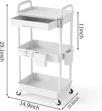 LLMRR 3 Tier Rolling Utility Cart with Drawer, Plastic Storage Organizer Rolling Carts with Wheels Handles Hanging Cups Hooks for Office, Bathroom, Kitchen,Craft Art Room (White)