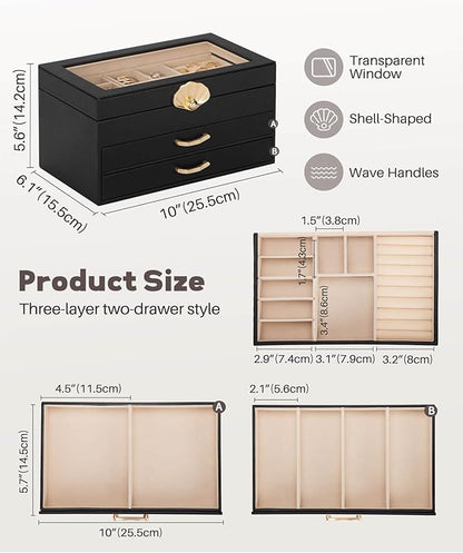 Jewelry Box with 2 Drawers: Display Organizer for Earrings Necklaces - Gifts for Girls Women (Black)