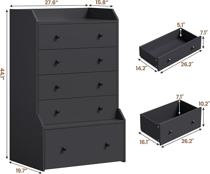 ADORNEVE 5 Drawer Dresser for Bedroom,Tall Black Chest of Drawers,Large Modern Vertical Dresser for Living Room,Hallway, Closet