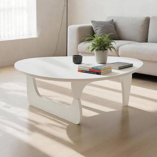 Solid Wood Triangle Coffee Table,Unique Mid Century Modern Oval Coffee Table,Irregular Geometric Tea Tables for Home Living Room with Wooden Tabletop and Reinforced Legs White 43" L x 31" W x 16" H