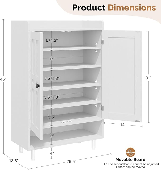 Farmhouse Shoe Cabinet with Doors, 6-Tier Wooden Shoe Organizer with Adjustable Shelves, Entryway Storage Cabinet with Metal Legs, Rustic Shoe Storage for Entryway or Living Room (White)