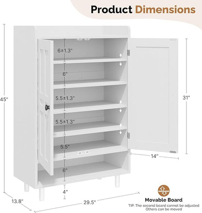 Farmhouse Shoe Cabinet with Doors, 6-Tier Wooden Shoe Organizer with Adjustable Shelves, Entryway Storage Cabinet with Metal Legs, Rustic Shoe Storage for Entryway or Living Room (White)