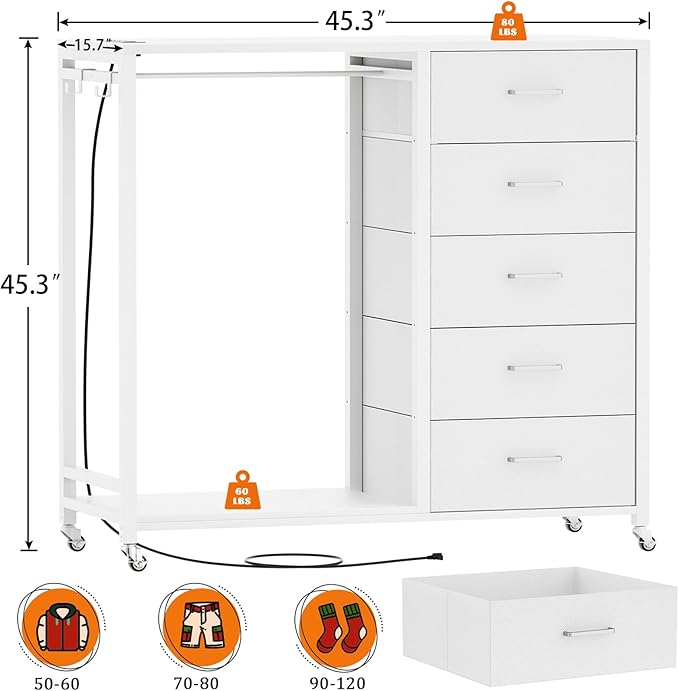 Cyclysio Dresser with Hanging Rack, 5 Fabric Drawers Dresser with Clothes Rack, Wooden Top Storage Chest of Drawers with Charging Station & LED Lights, Lockable Wheels, Closet