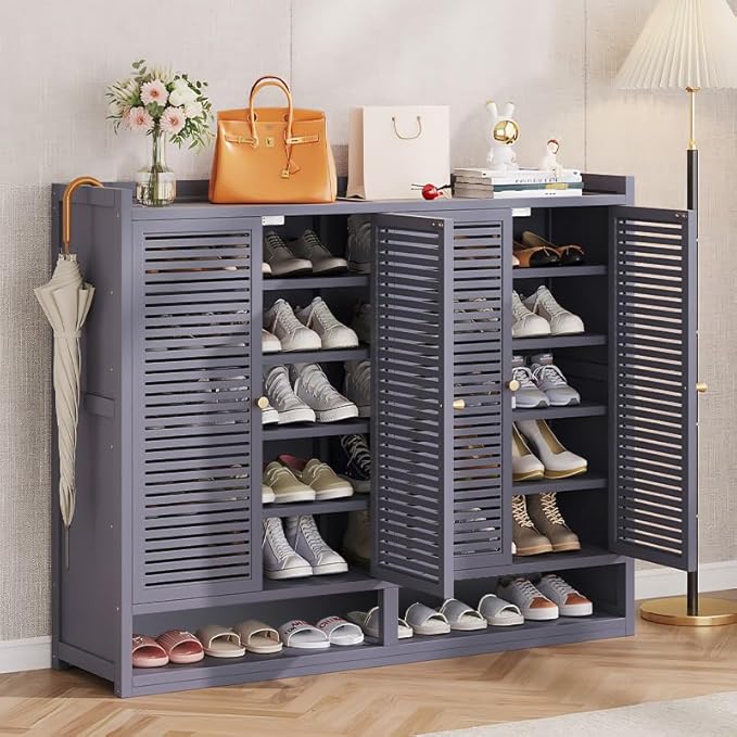 Bamboo Shoe Cabinet, 7-Tier Shoe Storage Cabinet with Doors, Freestanding Bamboo Shoe Rack Organizer with Shelves for Entryway, Hallway, Closet, Living Room