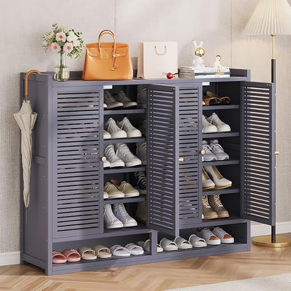Bamboo Shoe Cabinet, 7-Tier Shoe Storage Cabinet with Doors, Freestanding Bamboo Shoe Rack Organizer with Shelves for Entryway, Hallway, Closet, Living Room