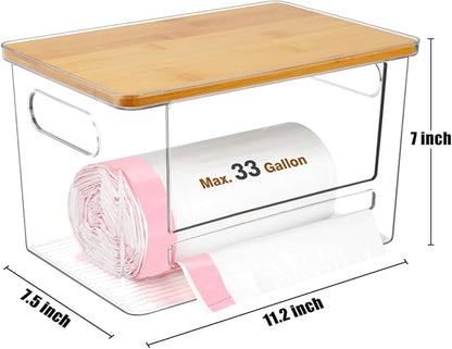 Trash Bag Dispenser 2 Pack - Under Sink Organizer, Plastic Bag Holder, Stackable Acrylic Garbage Bag Storage with Bamboo Lid for Kitchen Cabinet, 13/30/33 Gallon Grocery Bag Dispenser