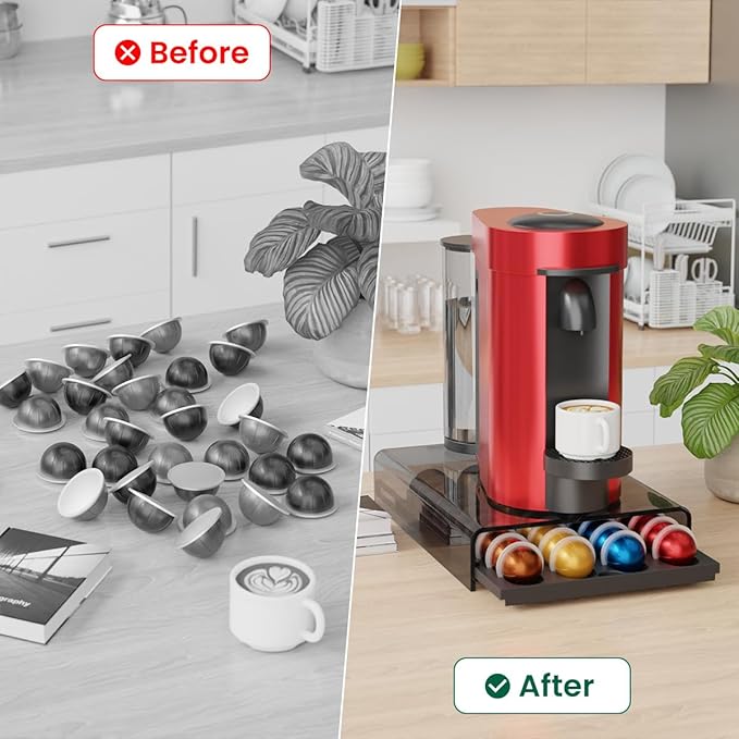 Coffee Pods Storage for Nespresso Vertuo Capsules Organizer, with Arcylic Top & Plastic Drawer, Holds 40 Pods