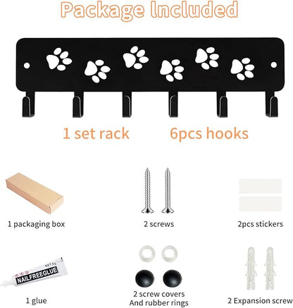 Key Hooks Key Holder Decorative Dog Leash Holder for Wall, 6 Hooks 9.75×2.73 inch for Wall Decorative Animal Storage Rack Adhesive, Black Hooks for Entrance Living Room Kitchen-Gifts for Dog Lovers