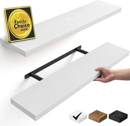 BAYKA Floating Shelves for Wall, Set of 2, 35.4 inches Long Wall Mounted Rustic Wood Shelves for Bathroom, Bedroom, Living Room, Kitchen, Office, Hanging Shelf for Books/Storage/Decor, White