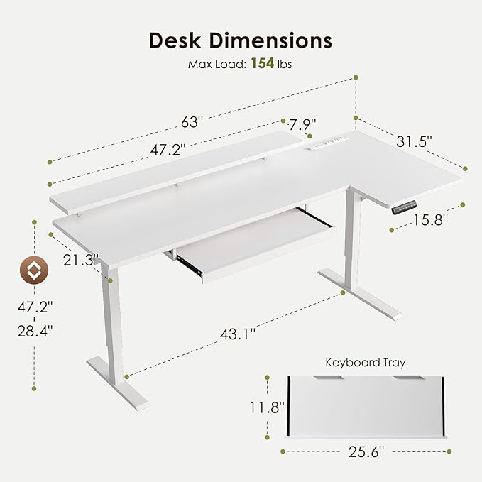 OffiGo 63 Inch L Shaped Electric Standing Desk with Keyboard Tray, Reversible Height Adjustable Corner Computer Desk with Monitor Stand, Sit Stand Up Lift Table for Home, Office, White