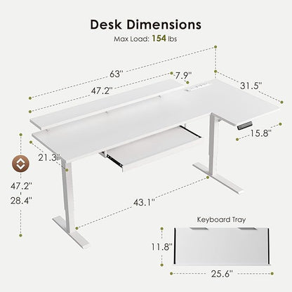 OffiGo 63 Inch L Shaped Electric Standing Desk with Keyboard Tray, Reversible Height Adjustable Corner Computer Desk with Monitor Stand, Sit Stand Up Lift Table for Home, Office, White