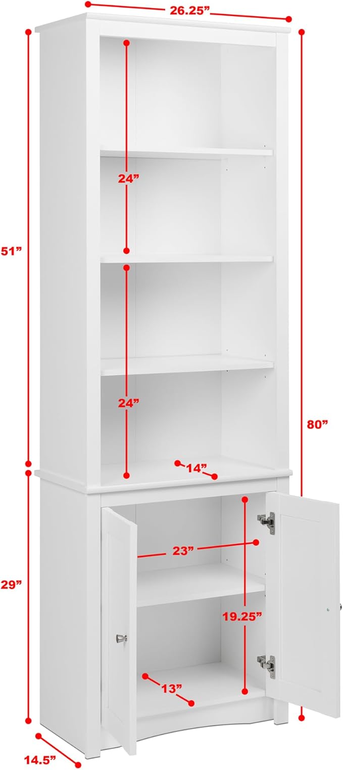 Prepac Sonoma Tall 6-Tier Bookcase 80"H with Doors & 2 Adjustable Shelves, White Storage Cabinet, Modern Display Cabinet, Bookshelf with Storage Shelves for Home Office, Living Room, Bedroom