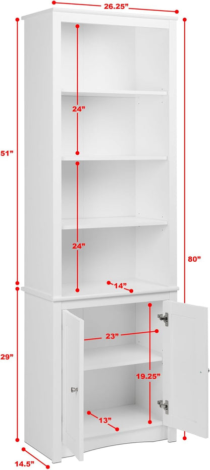 Prepac Sonoma Tall 6-Tier Bookcase 80"H with Doors & 2 Adjustable Shelves, White Storage Cabinet, Modern Display Cabinet, Bookshelf with Storage Shelves for Home Office, Living Room, Bedroom
