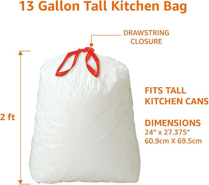 Amazon Basics Tall Kitchen Drawstring Trash Bags, Sturdy, 13 Gallon, Unscented, 200 Count