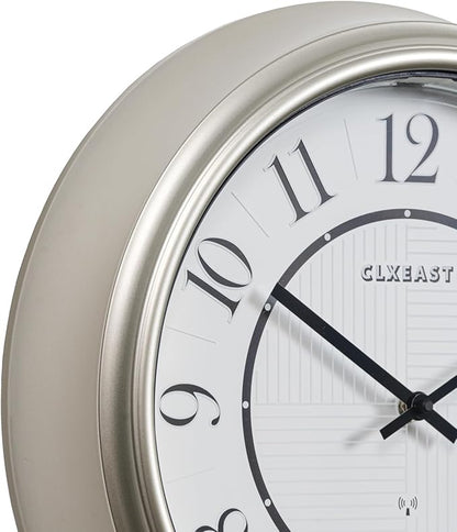 CLXEAST 14 Inch Self-Illuminated in/Outdoor Atomic Wall Clock for Home Office, Night Light Wall Clocks for Living Room Decor,Modern Farmhouse Morning Silver/Gold Finish