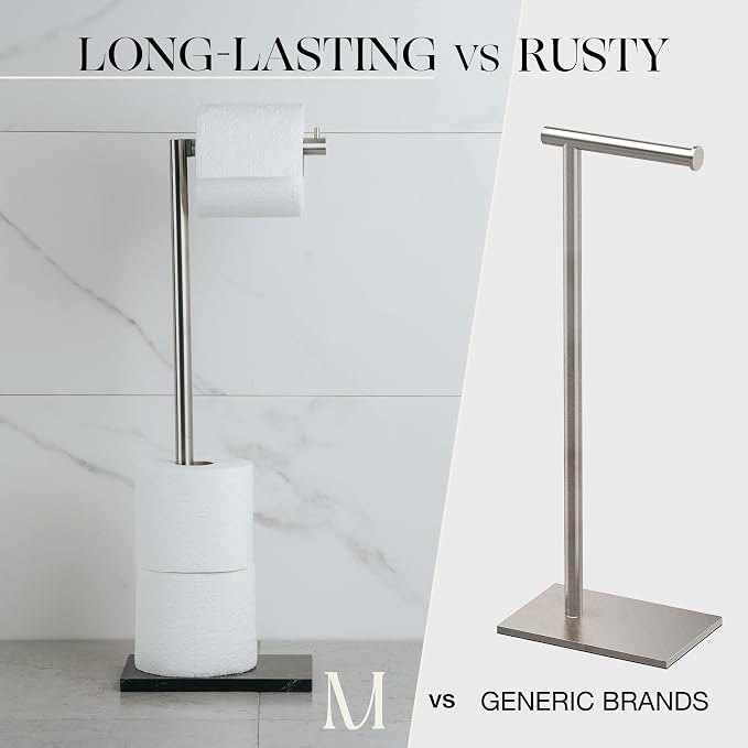 MARMOLUX ACC Free Standing Brushed Nickel Toilet Paper Holder Stand - 4 Jumbo Roll Bathroom Hardware - Standing Toilet Paper Holder - Stainless Steel Toilet Paper Stand - Brushed Steel/Black Marble